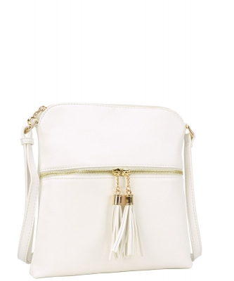 Tassel Zipper Pocket Accent Crossbody Messenger bag LP062 WHITE